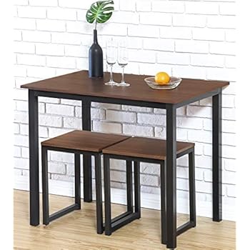 Homury Modern Wood 3 Piece Dining Set Studio Collection Soho Dining Table with Two Stools Home Kitchen Breakfast Table,Brown