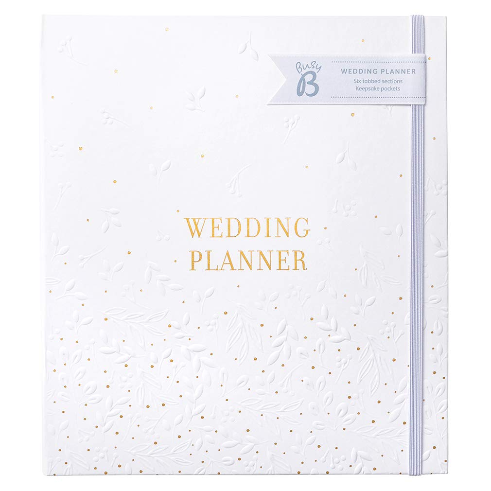 Busy B Wedding Planner - Beautiful white & gold spiral-bound wedding organiser with 6 tabbed sections and storage pockets. Perfect engagement gift.