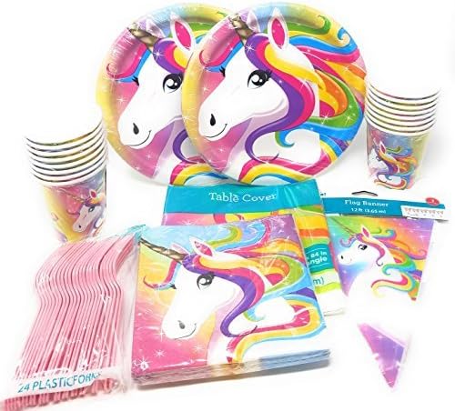 PartyDeiz Unicorn Birthday Party Supplies Set for 20, Paper Plates, Paper Cups, Napkins, Table Cover, Banner & Forks- Party Pack Bundle