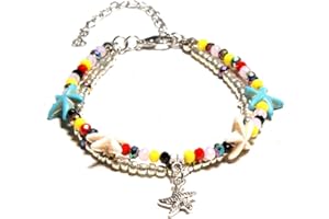 Softones Blue Starfish Turtle Anklet Multilayer Charm Beads Sea Handmade Boho Anklet Foot Jewelry for Women Girl