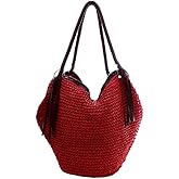 QTKJ Soft Large Straw Shoulder Bag with Brown Charm Leather Tassels, Boho Leather Handle Tote Retro Summer Beach Bag Rattan Handbag (Red)