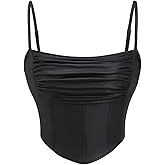 Milumia Women's Ruched Faux Leather Bustier Top Spaghetti Straps Corset Crop Tops