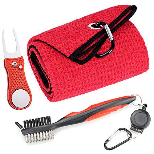 Mile High Life Microfiber Waffle Pattern Golf Towel | Club Groove Cleaner Brush | Foldable Divot Tool with Magnetic Ball Marker (Red Towel/Brush/Bone Divot) — image 1