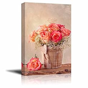 Canvas Prints Wall Art - Pink Roses on Wooden Desk Flower/Floral Art | Modern Wall Decor/Home Art Stretched Gallery Wraps Giclee Print & Wood Framed. Ready to Hang - 12" x 18"