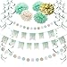 SUNBEAUTY Mint Gold Birthday Decorations Mint White Happy Birthday Banner Paper Pom Poms Flowers Green Hanging Swirls Baby Shower 1st Birthday Bridal Shower Party Supplies