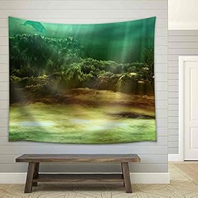 an Underwater Landscape with Fishes and Dolphin - Fabric Wall Tapestry Home Decor - 51x60 inches