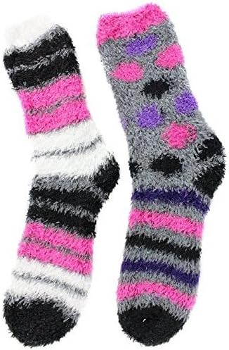 Cathy Rose Women's Cozy Butter Fuzzy Slipper Socks Polka Dots, Stripes (2 Pair Pack) (Pink &amp; Black)