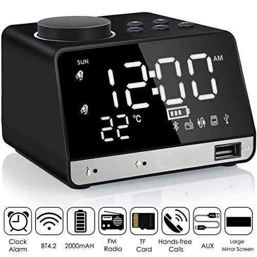 Alarm Clock Radio,Leyeet Wireless Bluetooth Speaker,USB Charger,TF Card Play, Thermometer, Large Mirror LED Dimmable Display AUX-in Function Hotel,Home,Office,Bedroom,Travel Black