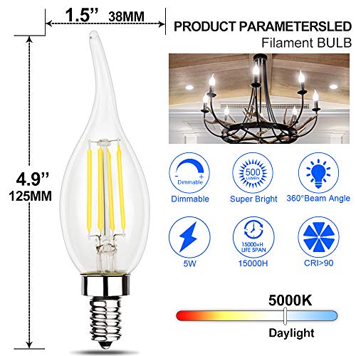 Energetic 12 Pack 60 Watt Dimmable LED Chandelier Light Bulb, 500lm