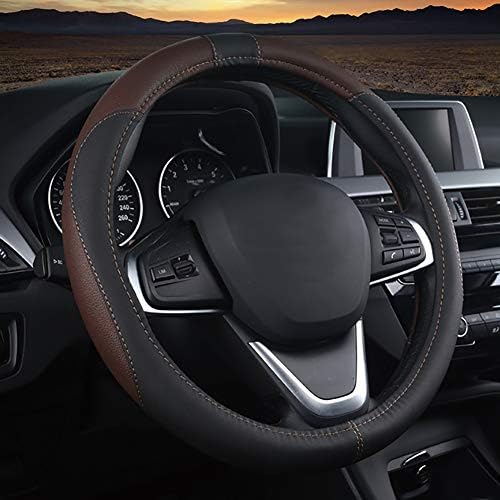 LMHX Car Steering Wheel Cover Leather Non-Slip Wear Resistant Steering Cover fits for Truck, SUV, Cars, Diameter 36-50 CM/14.2-19.7 Inch, Black & Brown