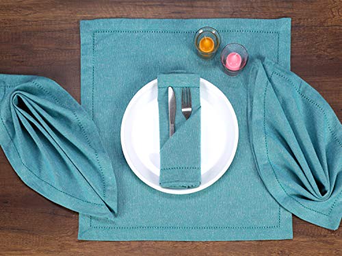 Ramanta Home 12-Pack 100% Hemstitched Cotton Dinner Napkin Oversized 20x20 - Chambray Cloth Napkin Soft Absorbent Comfortable for Events and Daily Use - Teal