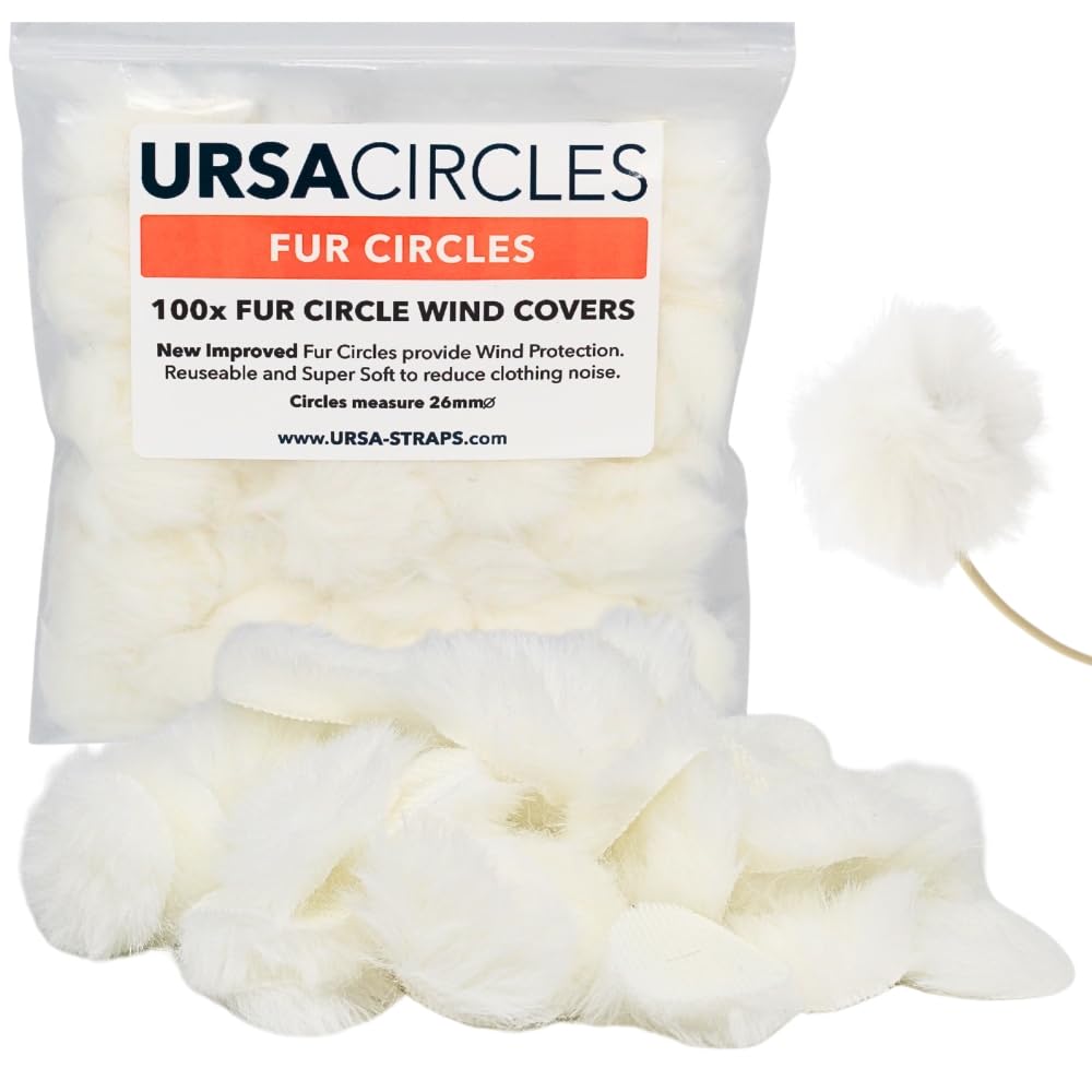 URSA Fur Circles - Mini Windshields for Lavalier/Lapel Microphones. Reduce Wind Noise & Clothing Rustle. Compatible with Sennheiser, RODE, Sanken, Tascam & More (100x Circles White, Black)