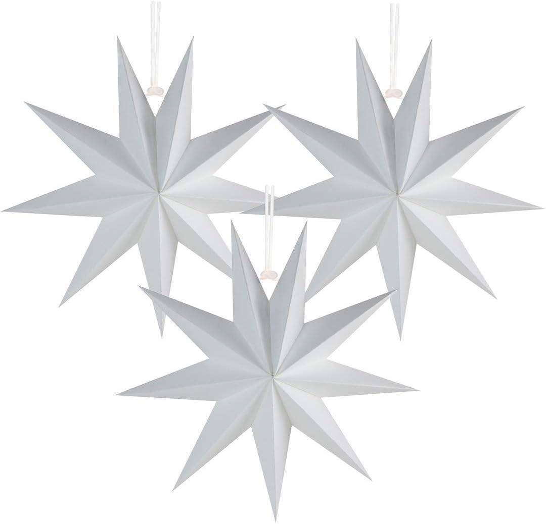 EASY JOY 3Pcs 9-Pointed Paper Star Lantern 3D Paper Stars Foldable Christmas Ceiling Decorations 12 Inch White Xmas Decorations Wedding Birthday Christmas Home Party Supplies