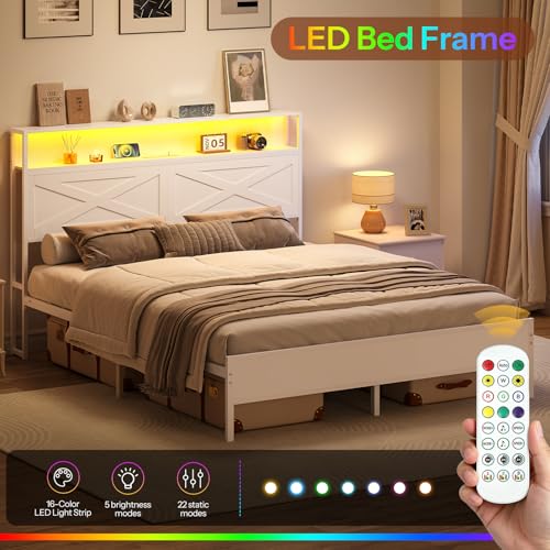 HOOBRO Full Size Bed Frame, Bed Frame with Charging Station and LED Lights, Headboard with Shelves, Heavy Duty Metal Frame, Noise-Free, Easy Assembly, No Box Springs Needed, White WT01UDBF01