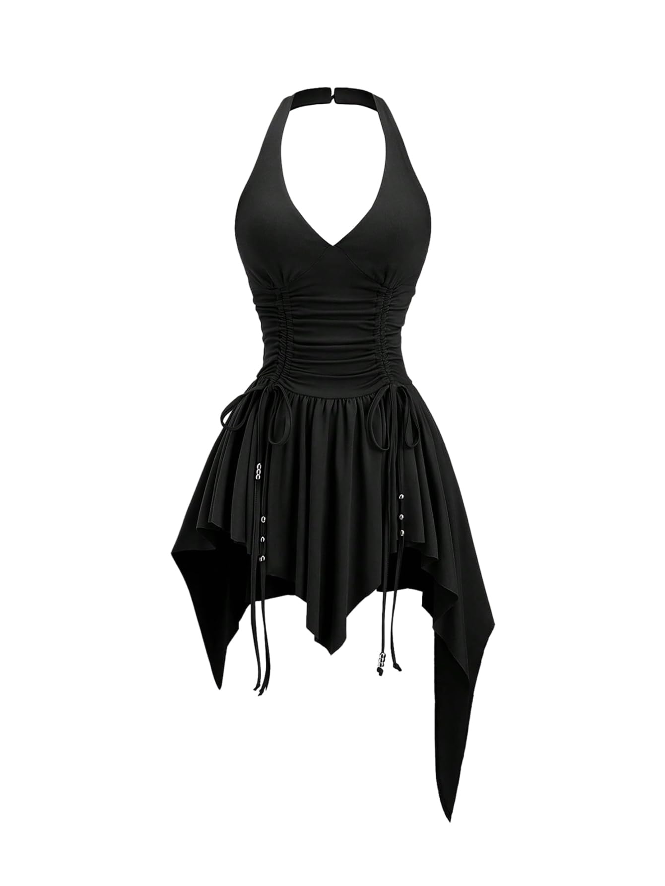 Photo 1 of WDIRARA Women's Punk Halter Mini Dress Western Asymmetrical Ruffle Sleeveless Drawstring Ruched A Line Dresses Black Large