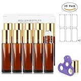 Essential Oil Roller Bottles 10ml (Amber, Pack of 10) - Stainless Steel Roller, Individual Package per Bottle, Opener & Labels - Glass Roller Bottles for Essential Oils by Handy Picks