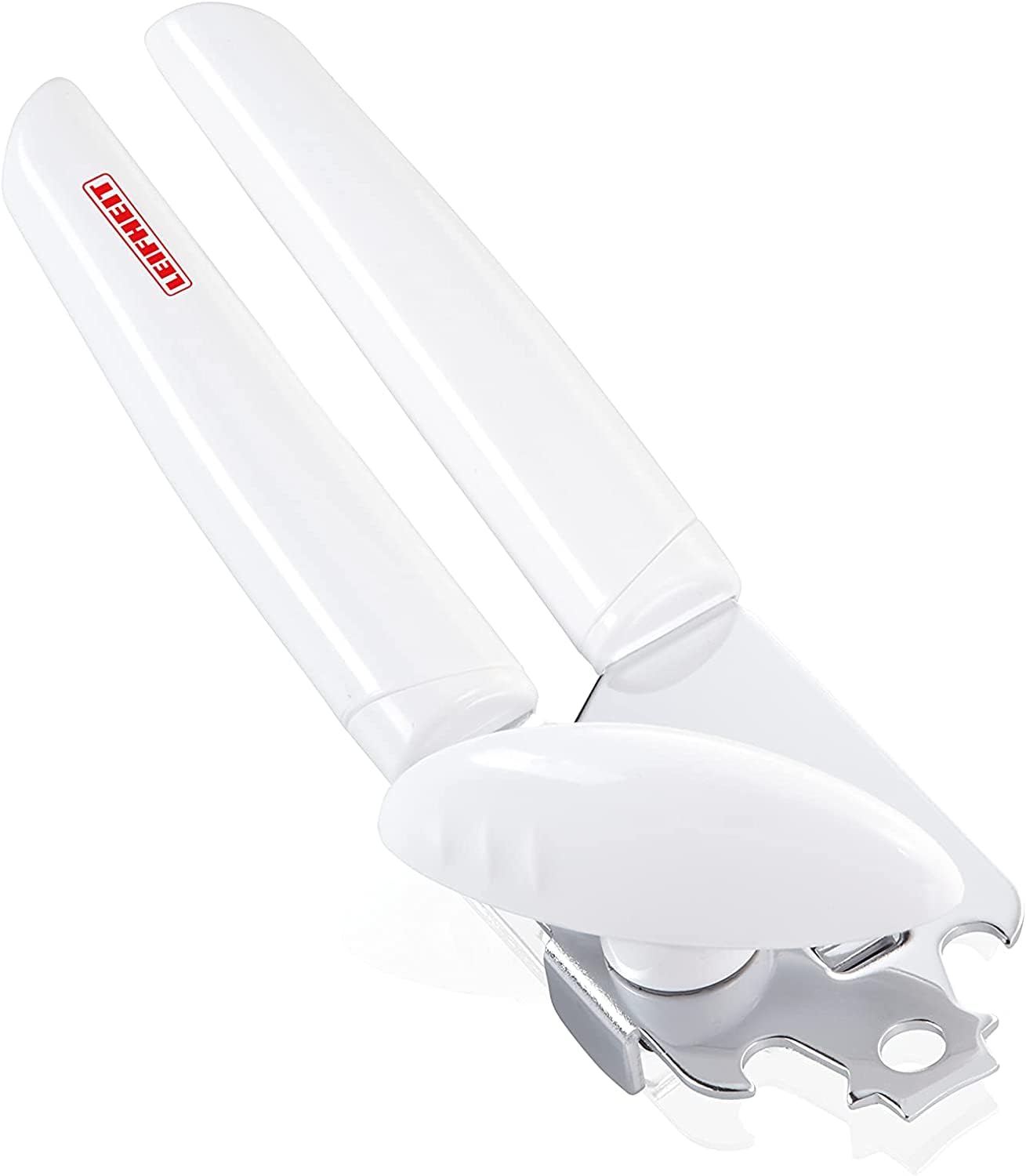 Leifheit Exact Can Opener, White, Strong Stainless Steel Deluxe Tin Opener, Hardened Steel Geared Cutting Wheel, Effective Opener,