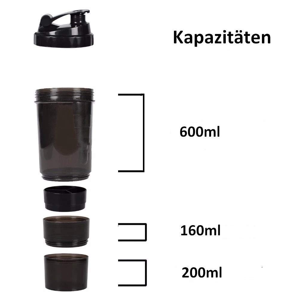 Protein Shaker mit Pulverfach und Pillenbox - Fadost Tower - 3 in 1 - BPA-frei, garantiert auslaufsicher, 600ml (skaliert bis 500ml), Fitness Gym Eiweißshaker