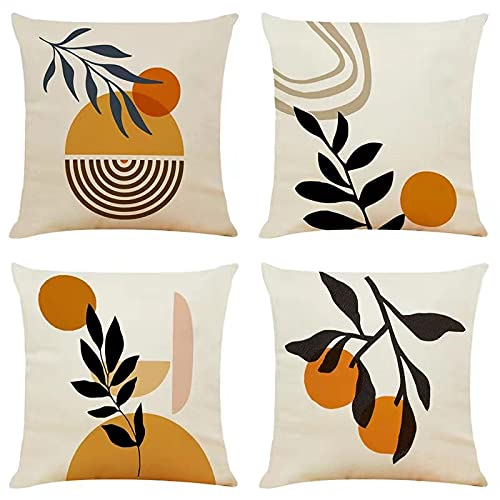 OYIMUA Set of 4 Boho Decorative Cushion Covers 18x18 Autumn Abstract Art Decor Throw Pillow Covers 45 x 45cm Orange Plants Pillowcases for Outdoor Patio Garden Living Room Sofa Farmhouse Decor