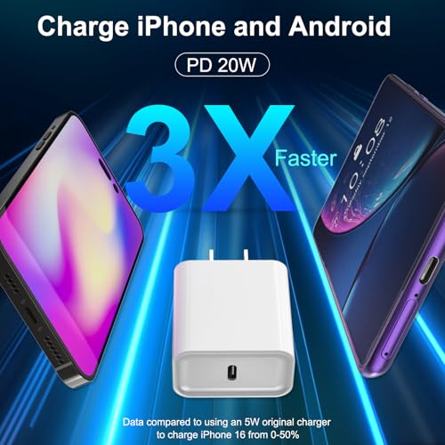 iPhone 17 16 15 Charger Fast Charging, 3 Pack PD 20W USB C Charger with 10FT Cord, USB C Cable Type C Chargers Block for iPhone 17/17 Pro/17 Pro Max/16/16 Plus/16 Pro/16 Pro Max/15/15 Pro（White）