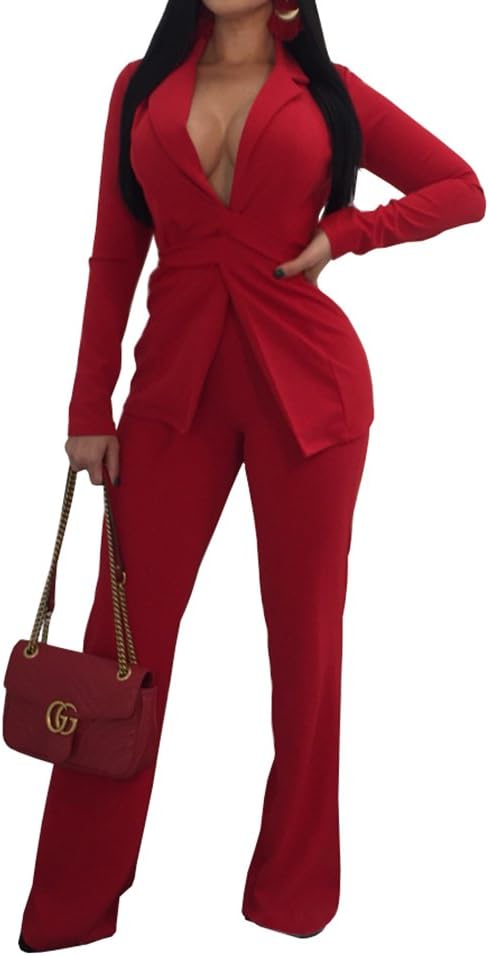 Jeanewpole1 Women Sexy Two Piece Blazer Outfits Long Sleeve Slim Fit Jacket with Long Pants Suit Set