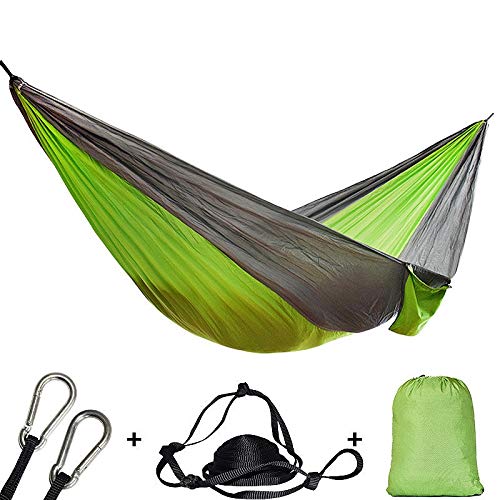Portable Lightweight Double Camping Hammock with Straps and Carabiner (Green+Grey)