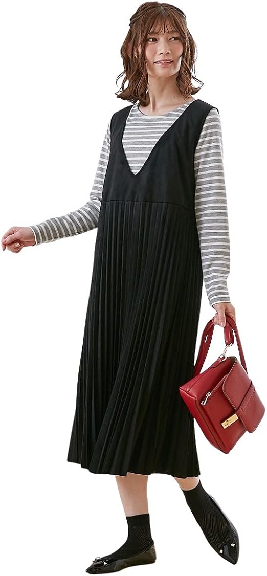 Amazon Co Jp Nissen ニッセン ワンピース チュニック カジュアル きれいめ マタニティウェア 授乳服 産前 産後 授乳服 犬印本舗 スエード調 プリーツジャンパースカートマタニティワンピース 黒 マタニティll 服 ファッション小物