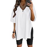 Neweek Womens Oversized Workout T Shirts Short Sleeve V Neck Side Slit T-Shirt Summer Casual Basic Tee Tops Loose Fit