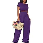 YouSexy Casual Summer 2 Piece Outfits for Women Short Sleeve Crop Top High Waist Wide Leg Pants Sets