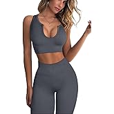 QINSEN Workout Outfits for Women 2 Piece Ribbed Seamless Crop Tank High Waist Yoga Leggings Sets