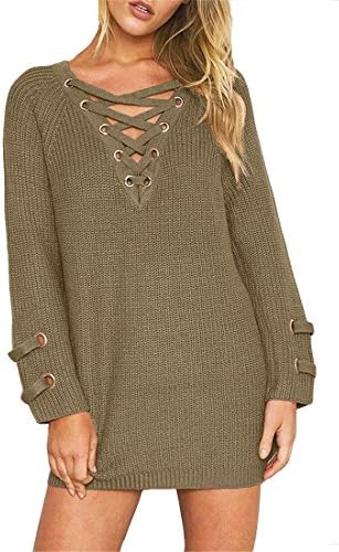 Women's Pullover Sweater Dress Cashmere Oversized V-Neck Sexy Knit Tops Khaki M