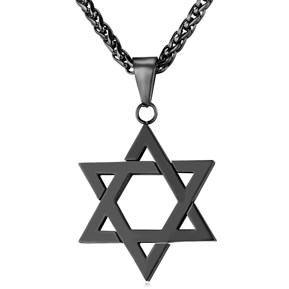 U7 David Star Necklace for Men Women Black Plated Hexagram Pendant Judaism Jewellery Wheat Chain — image 1