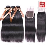 Allrun Hair 7A Brazilian Virgin Human Hair 3 Bundles With (4x 4) Lace Closure Straight Wave Weft 100% Real Human Hair Extensions Natural Color (18 20 22+18