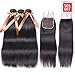 Allrun Hair 7A Brazilian Virgin Human Hair 3 Bundles With (4x 4) Lace Closure Straight Wave Weft 100% Real Human Hair Extensions Natural Color (18 20 22+18