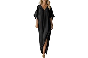 Hnodov Kaftan Dresses for Women V-Neck Batwing Sleeves Maxi Dresses Cotton Linen Gauze Beach Cover Ups Long Caftan Dress