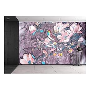 Original Batik Painting with Bird and Magnolia Tree Flowers. - Removable Wall Mural | Self-Adhesive Large Wallpaper - 66x96 inches