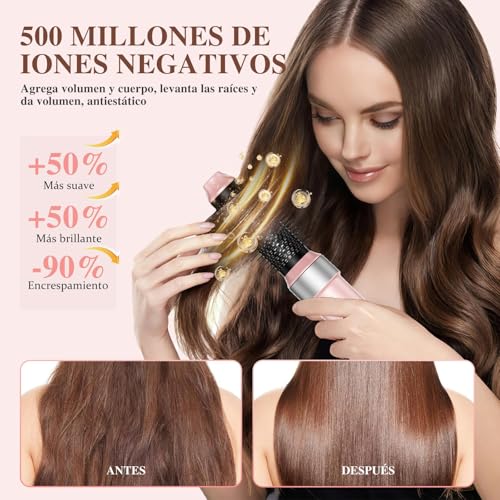 Secadora de Cabello 6 En 1 Profesional, 150,000 RPM Cepillo Secador de Cabello, Temperatura Ajustable Y Velocidades, Estilizador de Cabello con 6 Accesorios para Secado, Rizado, Alisado Y Voluminizar