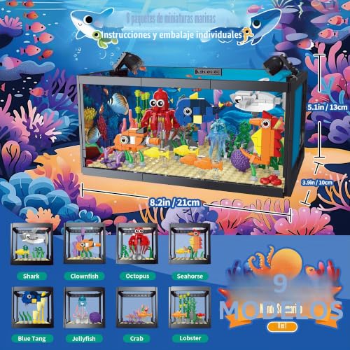 TectoStrux 8 in 1 Fish Tank Construction Toy, Marine Aquarium Building Block with LED Light, Model 9 Toy Included Octopus Crab, Christmas Birthday Gifts for Kids Children 6-12 Years Old