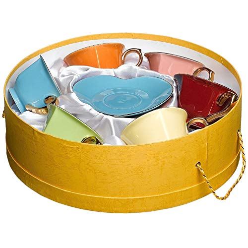 Tea and Coffee Cups with Saucers (Set of 6) by Classic Coffee & Tea|Charming, Inside Out Heart Shaped Cups Saucers|Fine Porcelain In 6 Colors with Gold Plated Ends & Handles|Great Gift Idea|6.5 oz - Thumbnail 5