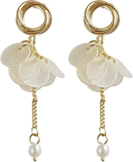 Amazon Co Jp Honyge イヤリング 新鮮な自然のシェルの女性のイヤリング夏モデルの顔の薄い真珠のイヤリングは銭妖精単語 人気 ホーム キッチン