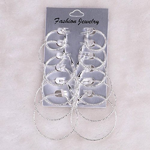 6 Pairs/Set Big Circle Hoop Earrings Women Steampunk Ear Clip Long Dangle Drop Earring (Silver)
