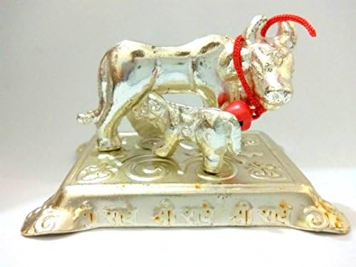 INDIAN BAZAAR CRAFTS White Metal Silver Plated Kamdhenu Cow with Calf Statue Idol, Indian gift ideas