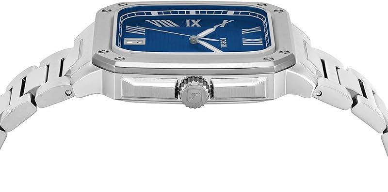 Orologio Crosby da uomo, movimento al quarzo con data a tre lancette e cinturino in acciaio inossidabile, Tono argento e blu, 42 mm