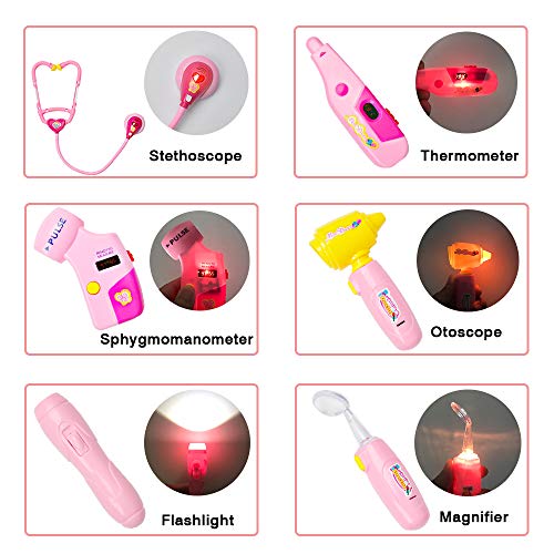 Toddler Doctor Kit with 34pcs Pretend Play Toys Dentist Medical Equipment Including Electronic Stethoscope and Dress Up Nurse Suit for Kids Girls Boys (Pink)