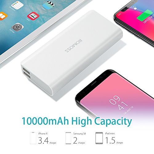 Romoss Powerbank 10000mAh mit 2-Port 2.1A, Externer Akku mit Batterieanzeige, Akkupack Ladegeräte für Handys, Smartphones, Tablets, i Phone, Sumsung usw. Weiß