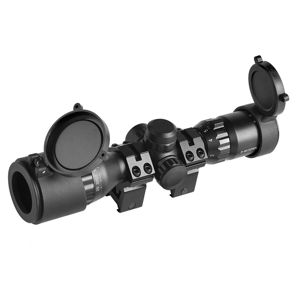 Minidiva Tactical 3-9x32 AOL Rifle Scope Red/Green Illuminated Mil-dot Reticle Flip Up Scope Covers Quad Lock Detachable Rings