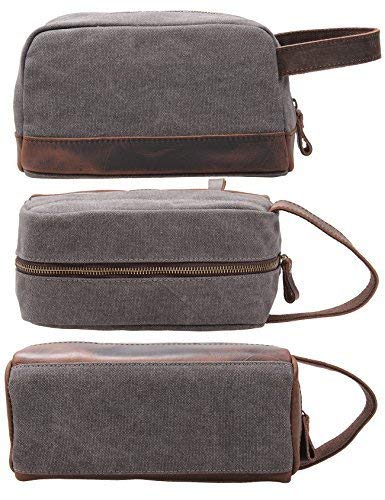 Vintage Leather Canvas Travel Toiletry Bag Shaving Dopp Kit #A001 (Grey)