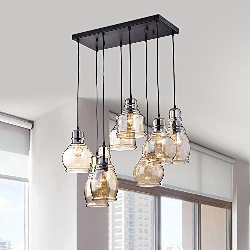 USUT 8-Light Cognac Glass Cluster Pendant in Antique Black Finish