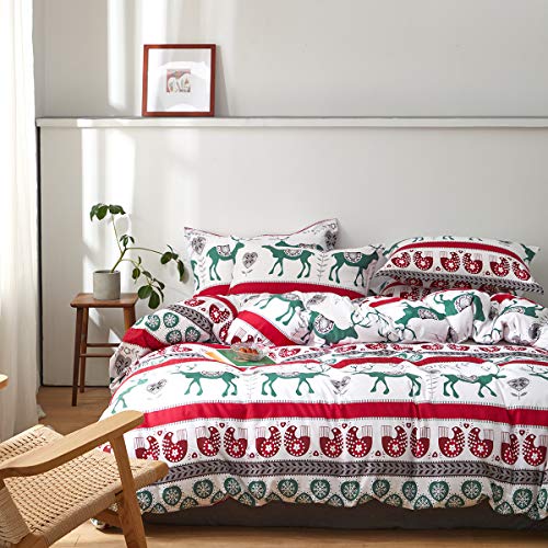 Uozzi Bedding King Duvet Cover Set Christmas Deer with Snowflake Red and Green Style 800 - TC Luxury Hypoallergenic 1 Microfiber Comforter Cover with 2 Pillow Shams for Holiday New Year Gift Choice - Thumbnail 2