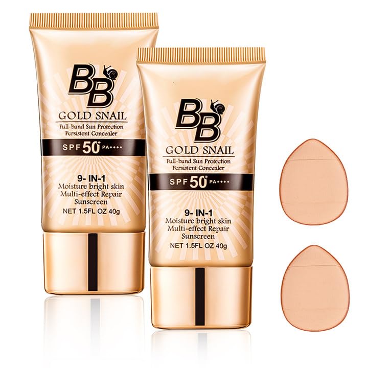 2 Pcs BB Cream Foundation, Tinted Moisturiser Balm - Natural Spf50+ Cover Blemishes - Light for All Skin Types (Natural Color With 2 Pcs Puff)